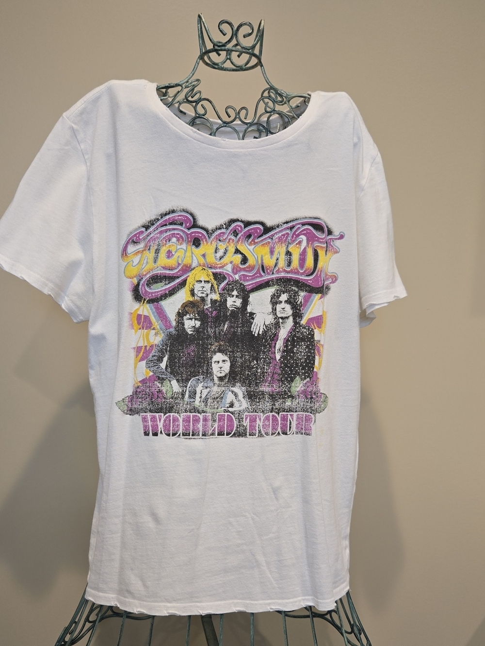 White Short Sleeve Graphic Tee with Yellow and Purple Band Print